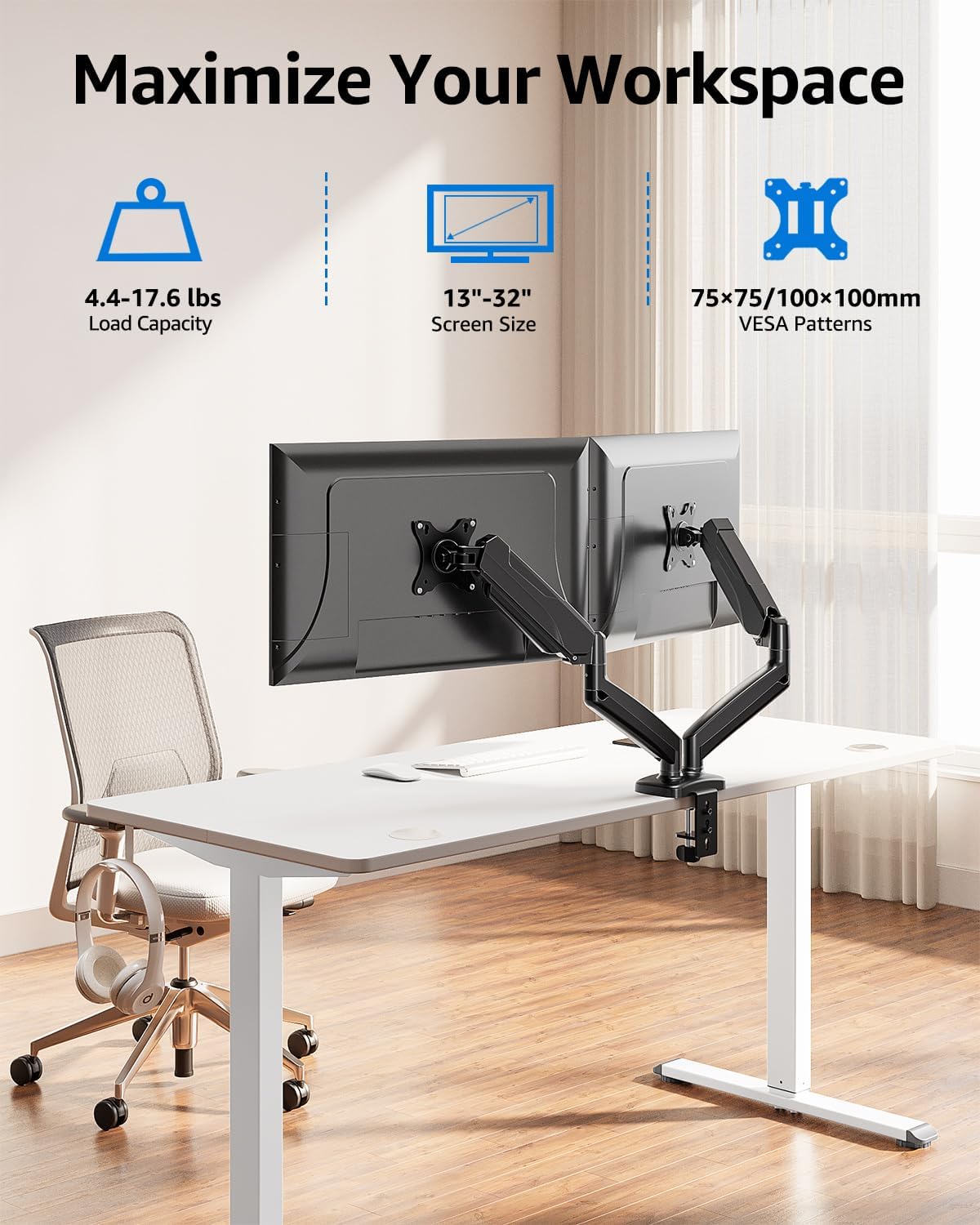 MOUNTUP Dual Monitor Stand for Desk, Monitor Arms for 2 Monitors 32 27 24 22 Inches